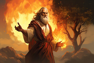 Fototapeta premium Moses and the burning bush Bible religious illustration, generated ai