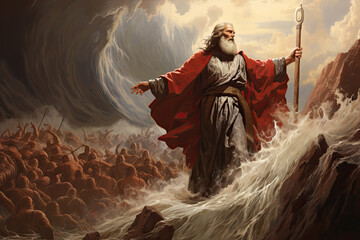 Fototapeta premium Moses parting the Red Sea Bible religious illustration, generated ai