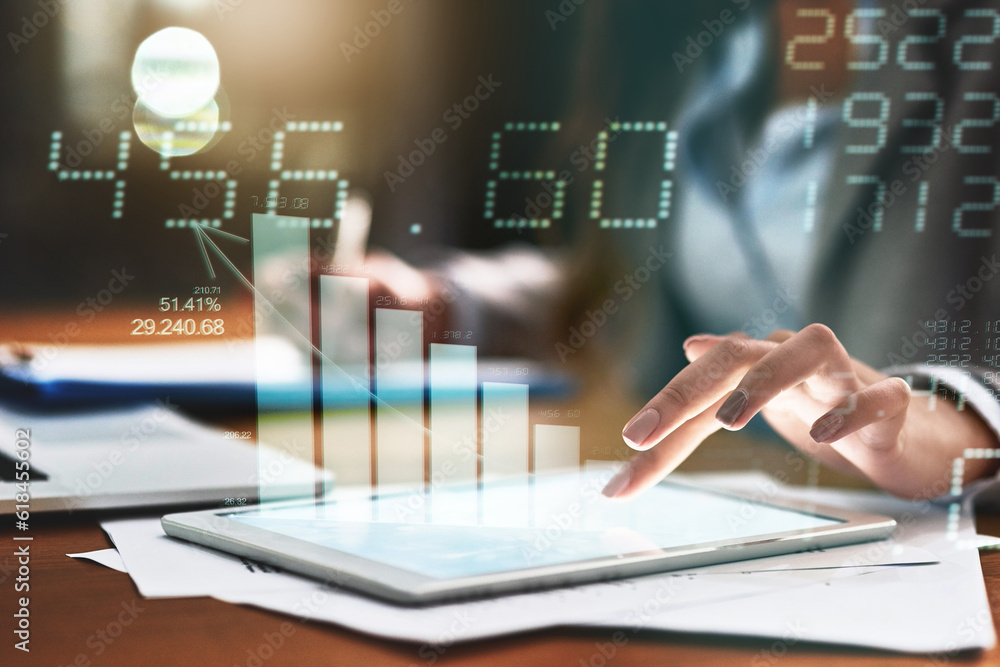 Aufkleber finance, overlay and hand with a tablet at night for stats, research or communication at a desk. dig