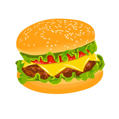 Illustration of burger with meat, tomato and vegetable lettuce filling