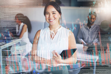 Stock market, graphs and portrait of woman with tablet, overlay with business, data and information on investment. Happy, face and businesswoman or trader with financial profit, success or statistics