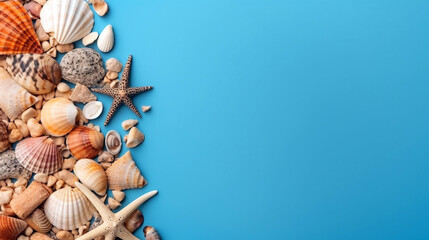Seashells and starfish on blue background with copy space