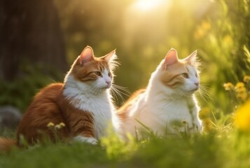 Obraz premium Two cute cats on green grass with blurred background of early morning sun