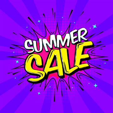 Trendy Promotion poster summer sale. Colorful background in pop art retro comic style. Summer Sale Template Design magenta purple yellow colors, Sale Banner for Social Media Post.