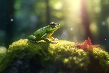 Foto op Canvas Green frog on a mossy rock with blurred background. generative ai © LivroomStudio