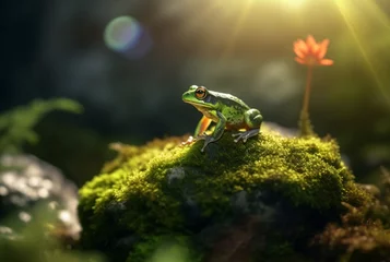 Fototapeten Green frog on a mossy rock with blurred background. generative ai © LivroomStudio