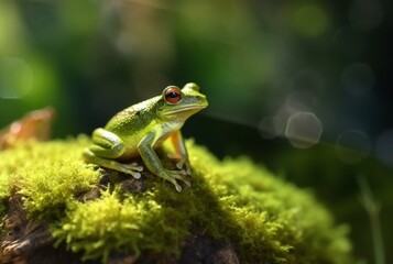 Fototapeta premium Green frog on a mossy rock with blurred background. generative ai