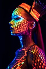 A beautiful futuristic tribal woman stands proudly, her face painted with vibrant hues that captivate the eye and ignite a sense of awe and admiration in the viewer