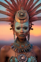 This stunning portrait of a beautiful african tribal woman adorned with colorful face paint and a majestic feathered crown captures an amazing outdoor illusion of art and beauty