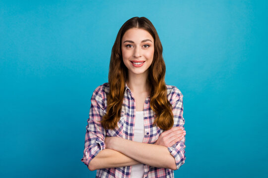 Photo of cool business lady friendly beaming smiling arms crossed good mood isolated blue color background