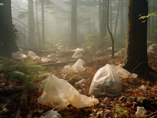 Belle forêt polluée de déchet de sacs en plastique - obrazy, fototapety, plakaty