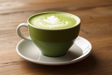 Green matcha tea drink on wooden background, AI Generated