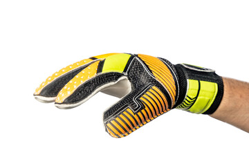 Gloves of the goalkeeper. Goalkeeper gloves highlighted on a white background. The concept of sports equipment and equipment for playing football