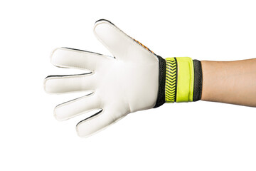 Gloves of the goalkeeper. Goalkeeper gloves highlighted on a white background. The concept of...