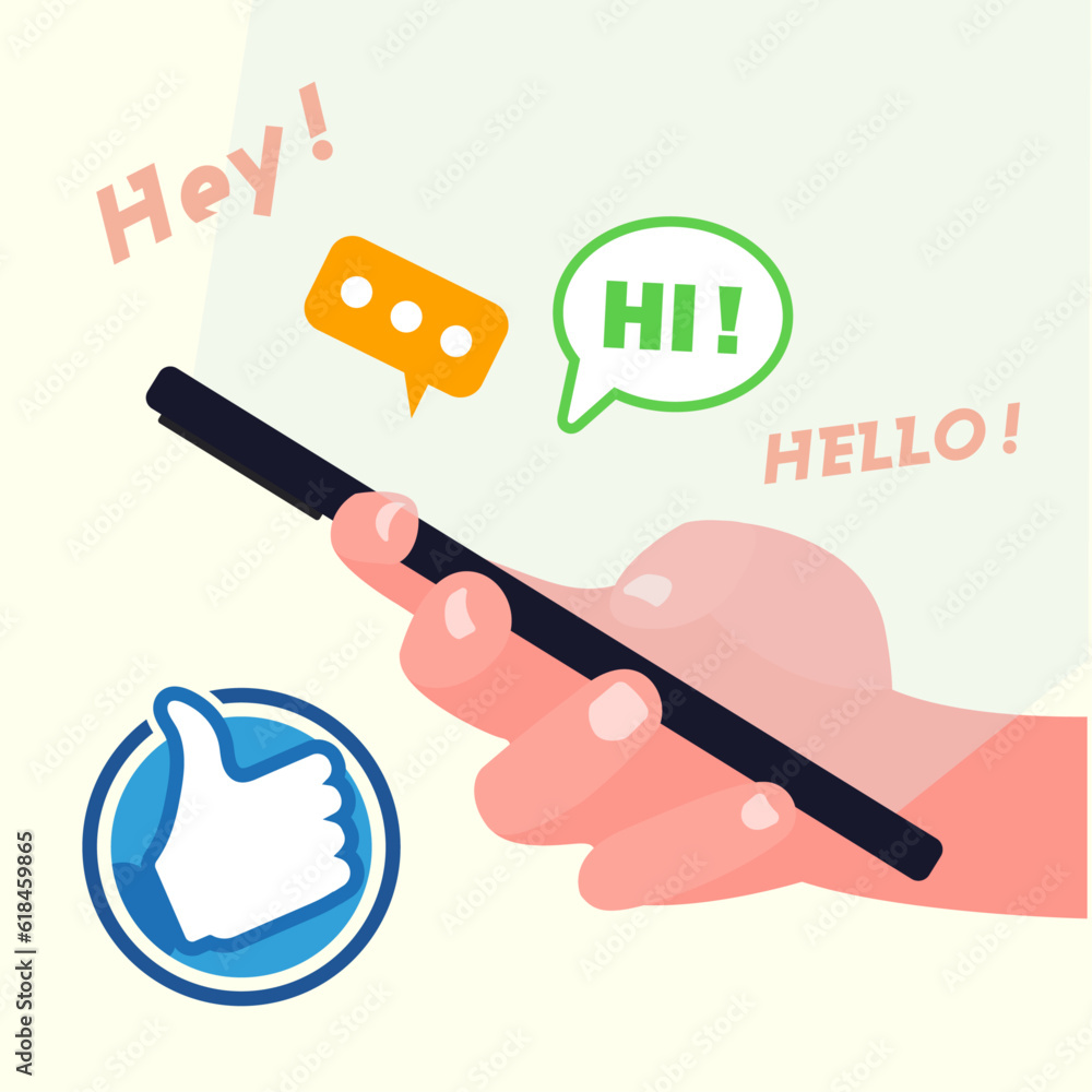 Poster man or woman hand holding smart phone and engaging in conversations with friends while sending messa