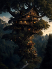 Obraz premium Fairytale treehouse village covered, Generative AI Illustration.