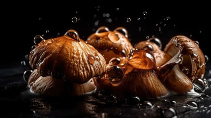 Closeup Mushroom hit by splashes of water with black blur background