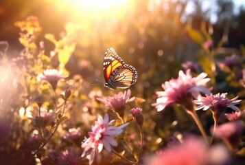 Beautiful butterfly flying over a flower on a blurred background and sunlight. generative ai