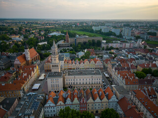 Opole. Aerial shots at sunset The market square, the opera house by the river, the most popular places in Opole.