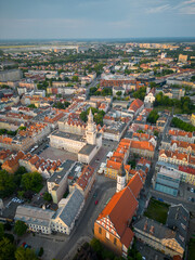 Fototapeta na wymiar Opole. Aerial shots at sunset The market square, the opera house by the river, the most popular places in Opole.