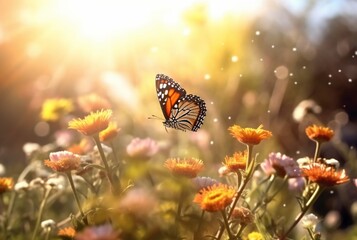 Beautiful butterfly flying over a flower on a blurred background and sunlight. generative ai