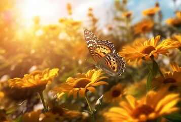 Beautiful butterfly flying over a flower on a blurred background and sunlight. generative ai