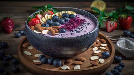Fototapeta na wymiar Blueberry Smoothie Bowl, blueberries and other fruits are arranged in a visually appealing way on top of the smoothie, Bright natural light to enhance the colours of the fruits, a white bowl with sim