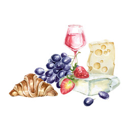 Watercolor cheese for tasting, croissant, grapes, vine glass, strawberry,  food clipart, For cafe menu design, posters, restaurant decoration,
