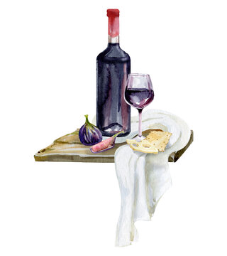 bottle of red wine with wine glass and grapes, watercolor wine bottles and cheese set isolated on white background. Champagne and winery clip art. For cafe menu design, posters, restaurant decoration,