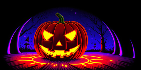 cartoon illustration of evil halloween pumpkin. generative ai
