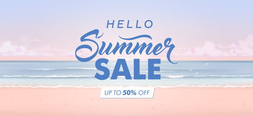 Hello summer sale horizontal banner. Vector beautiful realistic illustration of sandy summer beach. Tropical beach background © AM_art