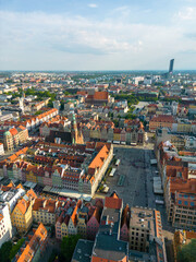 Fototapeta na wymiar Wroclaw, a city in the Lower Silesian Voivodeship on a sunny day. The most visible tourist places and locations in Wrocław from a bird's eye view from a drone.