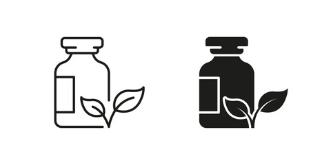 Pharmaceutical Organic Ingredient in Bottle Pictogram Collection. Herbal Medicine Line and Silhouette Black Icon Set. Pharmacy Medical Product Symbol Collection. Isolated Vector Illustration