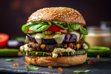 vegan burger on blurred background