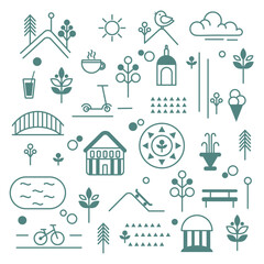 Icons. Leisure park. Trees, flower beds, fountain, bike paths. Monochrome vector image.