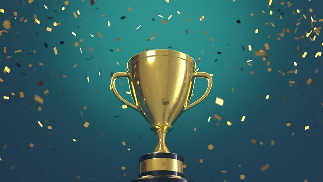 Golden trophy with falling golden confetti, Victory concept