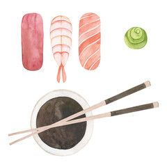 Watercolor illustration of sushi set with chopsticks and wasabi soy sauce. Hand drawn. Japanese food.