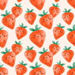 Watercolor berry seamless pattern. Cute cartoon character with eyes and smiles, strawberry. Childish nursery and textile decor. T-shirt print, wrapping paper, wallpaper design vector illustration