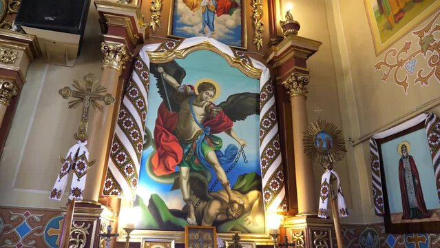 The icon of Archangel Michael on the iconostasis in the Greek Catholic church. Churches and temples of Ukraine.