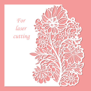 Postcard with decorative flowers. Template for laser cutting from paper, cardboard. For the design of wedding cards, envelopes, menus, stencils, scrapbooking, etc. Vector