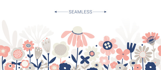 Spring garden flowers banner, botanical flat vector illustration on white background