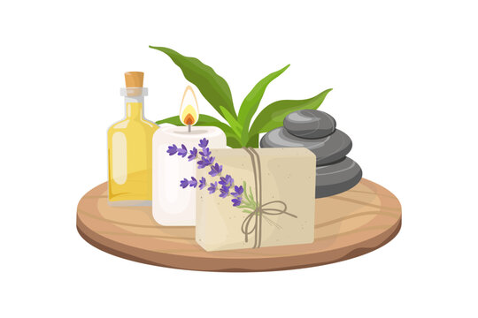 Composition with items for relaxation and spa treatments. Vector illustration.