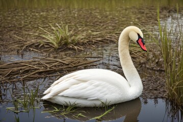 Fototapeta premium white swan in the swamp. generative ai