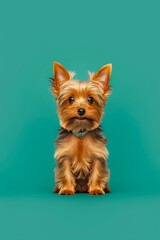 Cute dog of the Yorkshire Terrier breed is posing in studio