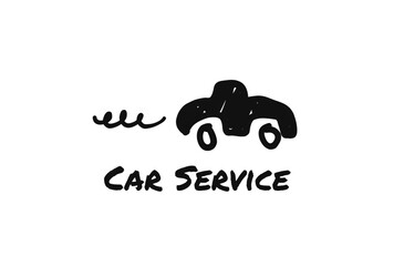 Car service logo or banner. Logotype for vehicle maintenance. Hand drawn cartoon auto in doodle scribble style (Full Vector)