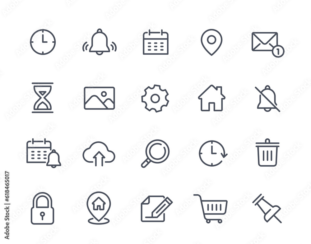 Poster outline app icons set. line art stickers with notes and settings, gallery and mail, calendar and loc