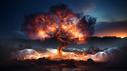 Light painting photography of a tree, using creative light trails to add a sense of magic and movement. (Generative AI)