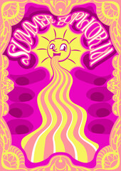 1960s psychedelic art. Bright weird abstract poster or banner in hippie style. Colorful party retro flyer or invitation with sun character, summer, euphoria and text. Cartoon flat vector illustration
