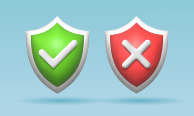 3d red and green shield, checkmark and cross, yes and no button, approved and rejected. Verified shield. Protection and security symbol. Secuirty badge