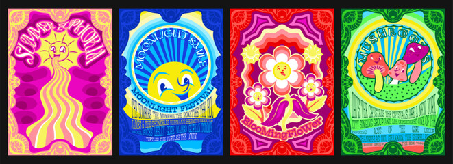 1960s psychedelic art set. Funny colorful covers and posters, banners and flyers in hippie style. Backgrounds with sun and moonlight, mushrooms and flowers. Cartoon flat vector isolated on background